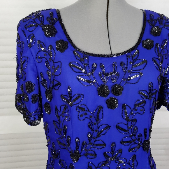 LAST CHANCE Vintage beaded sequin silk evening sheath dress M - Picture 5 of 11